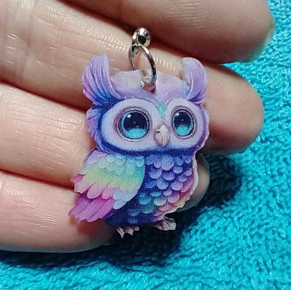 Cute colorful owl wire dangle earrings purple green yellow pink